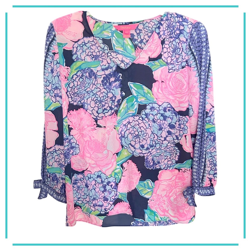 Lilly Pulitzer Elsa Top Womens XS Navy Pink Floral V-Neck Long Sleeve Blouse